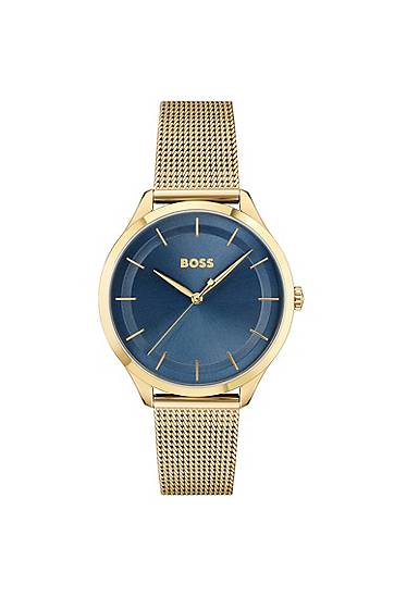 Gold-tone watch with blue dial and mesh bracelet, Hugo boss