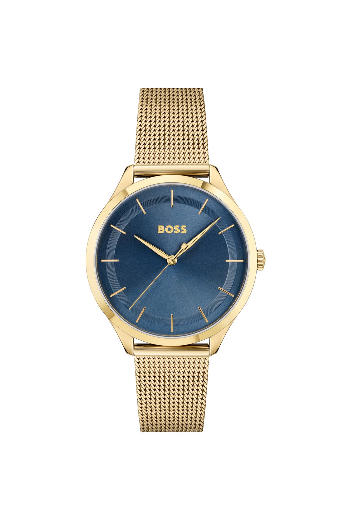 Goldfarbene Uhr mit Mesh-Armband und blauem Zifferblatt, Gold