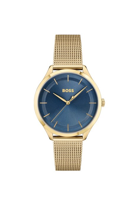 Goudkleurig horloge met blauwe wijzerplaat en mesh polsband, Assorted-Pre-Pack