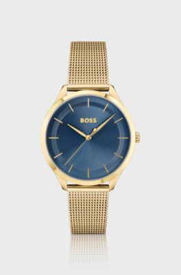 Gold-tone watch with blue dial and mesh bracelet, Gold