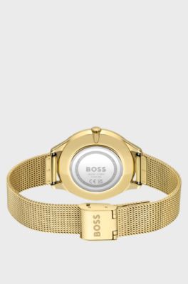 Gold-tone watch with blue dial and mesh bracelet, Gold