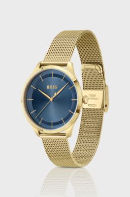 Gold-tone watch with blue dial and mesh bracelet, Gold