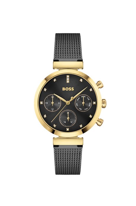 Horloge met goudkleurig effect en zwart gecoate polsband in meshlook, Assorted-Pre-Pack