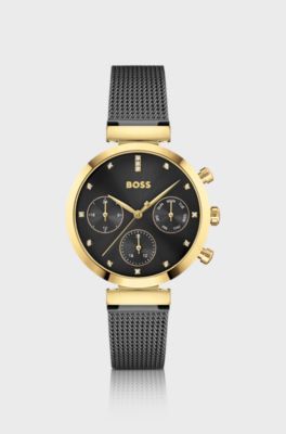 Gold-effect watch with black-plated mesh bracelet, Black