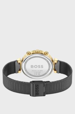 Gold-effect watch with black-plated mesh bracelet, Black