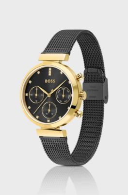 Gold-effect watch with black-plated mesh bracelet, Black