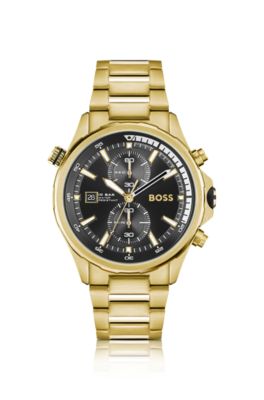 Gold-tone chronograph watch with black dial, Gold