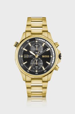 Gold-tone chronograph watch with black dial, Gold