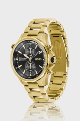 Gold-tone chronograph watch with black dial, Gold