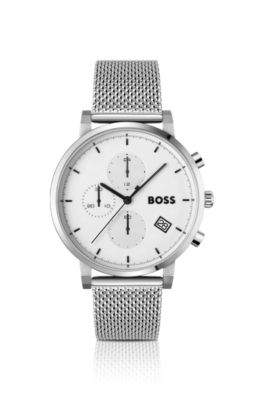 White-dial chronograph watch with mesh bracelet, Silver