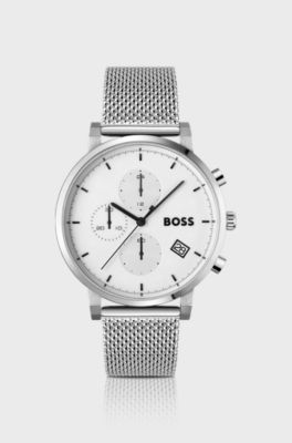 White-dial chronograph watch with mesh bracelet, Silver