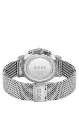 White-dial chronograph watch with mesh bracelet, Silver