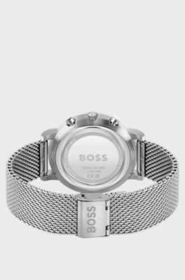 White-dial chronograph watch with mesh bracelet, Silver