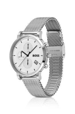 White-dial chronograph watch with mesh bracelet, Silver