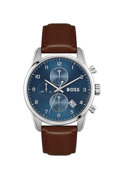 Blue-dial chronograph watch with brown leather strap, Assorted-Pre-Pack