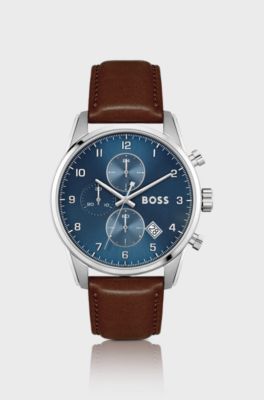 Blue-dial chronograph watch with brown leather strap, Dark Brown