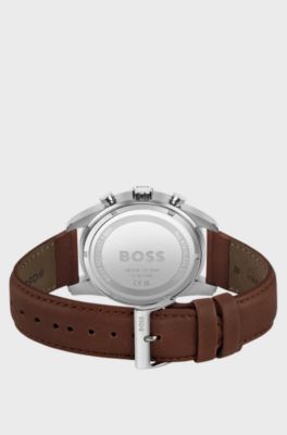 Blue-dial chronograph watch with brown leather strap, Dark Brown