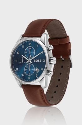 Blue-dial chronograph watch with brown leather strap, Dark Brown