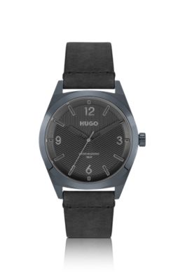 Gr&aring;t-belagt ur med sort tekstureret skive, Sort