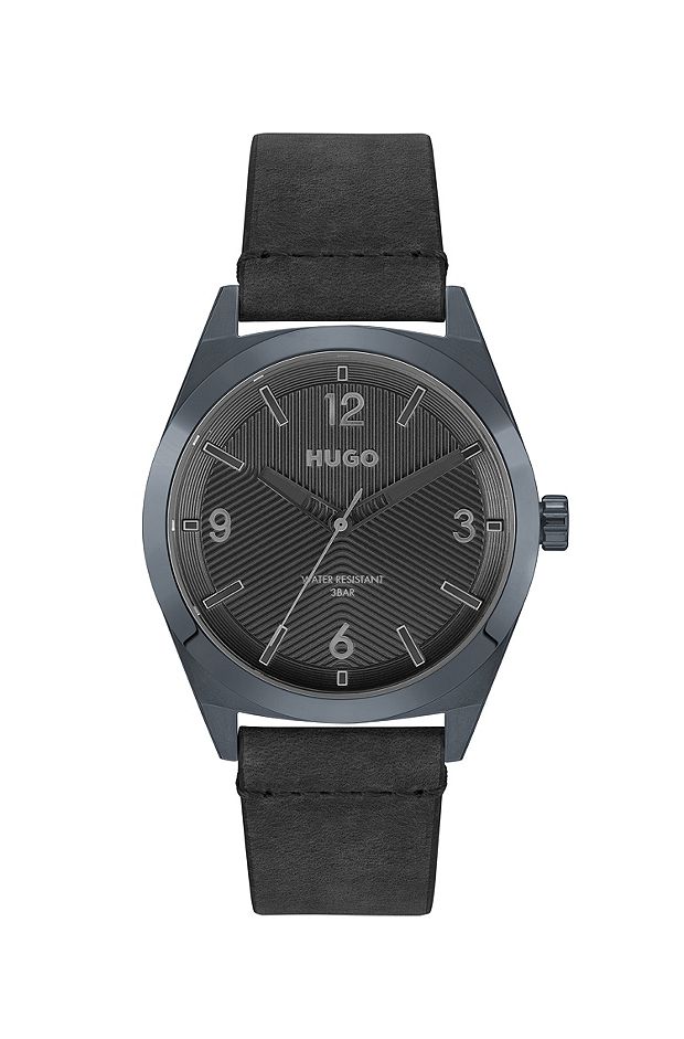 Grey-plated watch with black textured dial, Black