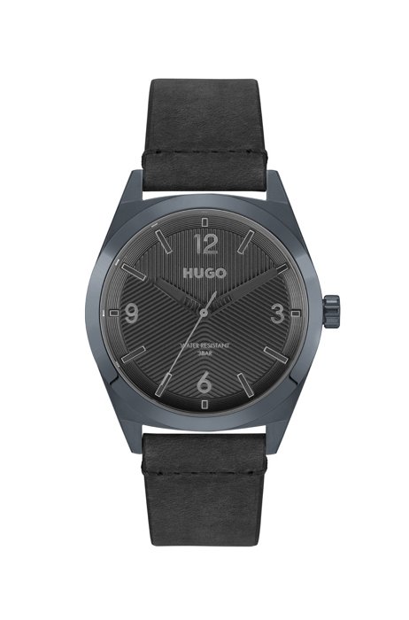 Grey-plated watch with black textured dial, Assorted-Pre-Pack