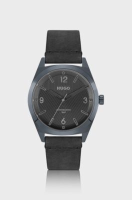 Grey-plated watch with black textured dial, Black