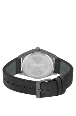 Grey-plated watch with black textured dial, Black