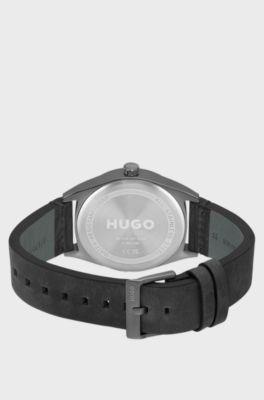Grey-plated watch with black textured dial, Black