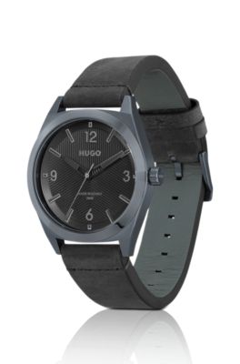 Grey-plated watch with black textured dial, Black