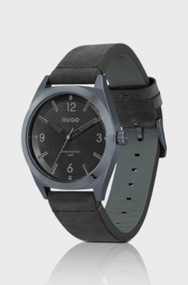 Grey-plated watch with black textured dial, Black