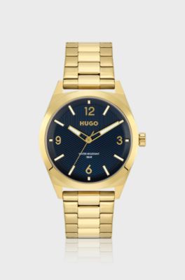 Gold-effect watch with blue dial and link bracelet, Gold