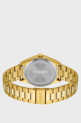 Gold-effect watch with blue dial and link bracelet, Gold