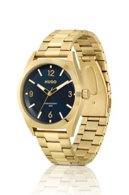 Gold-effect watch with blue dial and link bracelet, Gold