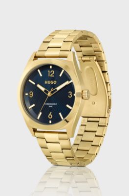Gold-effect watch with blue dial and link bracelet, Gold