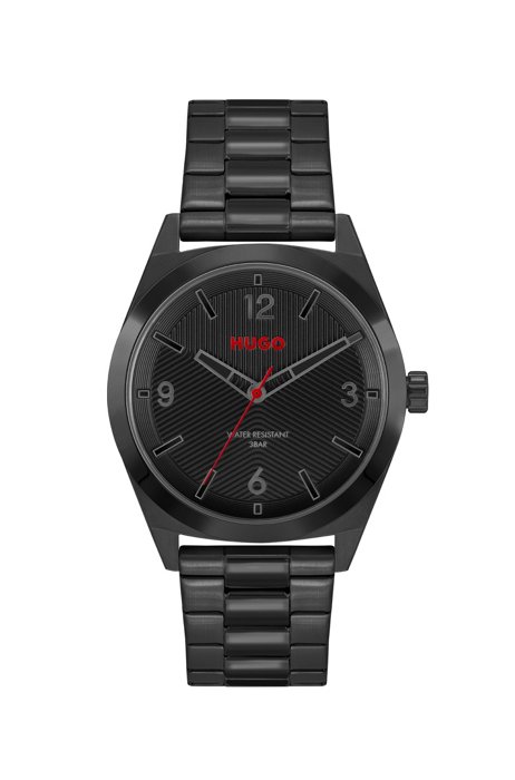 Schwarz beschichtete Armbanduhr mit strukturiertem schwarzem Zifferblatt, Assorted-Pre-Pack