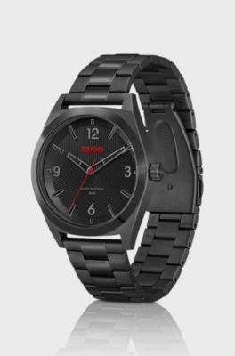 Black-plated watch with black-textured dial, Black
