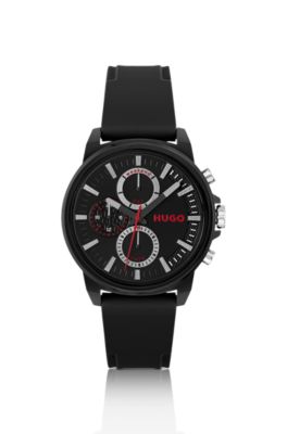 Black-plated watch with silicone logo strap, Black