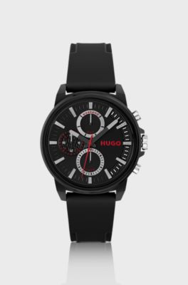 Black-plated watch with silicone logo strap, Black