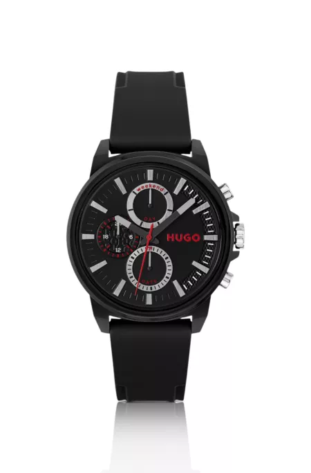 Black-plated watch with silicone logo strap