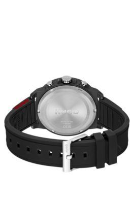 Black-plated watch with silicone logo strap, Black