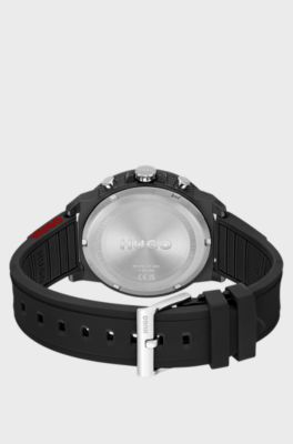 Black-plated watch with silicone logo strap, Black