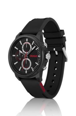 Black-plated watch with silicone logo strap, Black