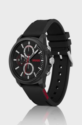 Black-plated watch with silicone logo strap, Black