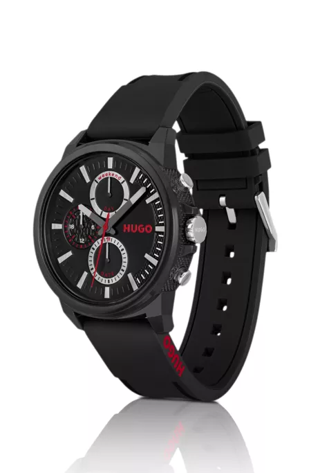 Black-plated watch with silicone logo strap