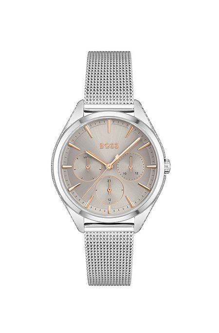 Champagne-tone dial watch with mesh bracelet, Silver