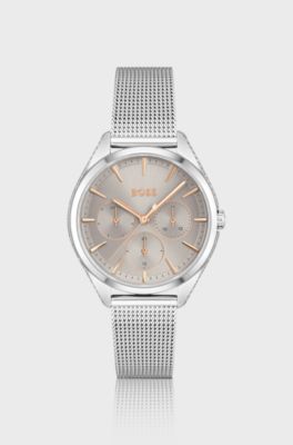 Horloge met champagnekleurige wijzerplaat en polsband in meshstructuur, Zilver