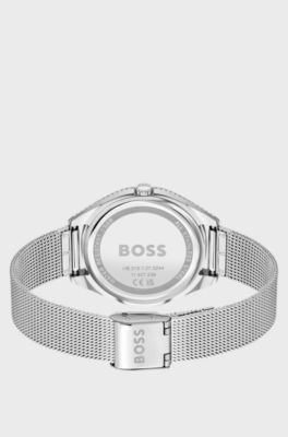 Horloge met champagnekleurige wijzerplaat en polsband in meshstructuur, Zilver