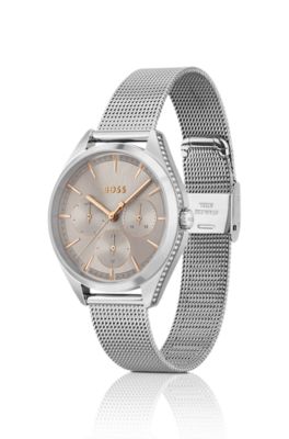 Uhr mit Mesh-Armband und champagnerfarbenem Zifferblatt, Silber
