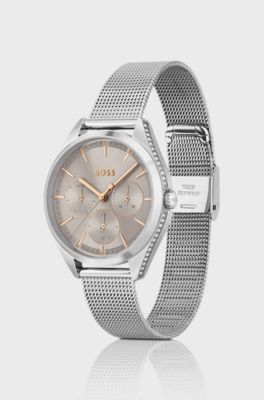 Horloge met champagnekleurige wijzerplaat en polsband in meshstructuur, Zilver