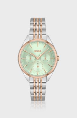 Two-tone watch with green dial and crystal studs, Silver